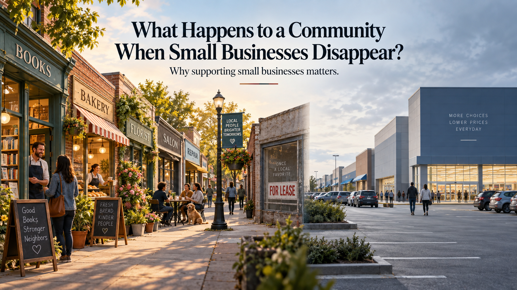 A row of independently owned small businesses — a bookstore, bakery, florist, salon, and repair shop — on a community street, with a large national retail store visible in the distance.