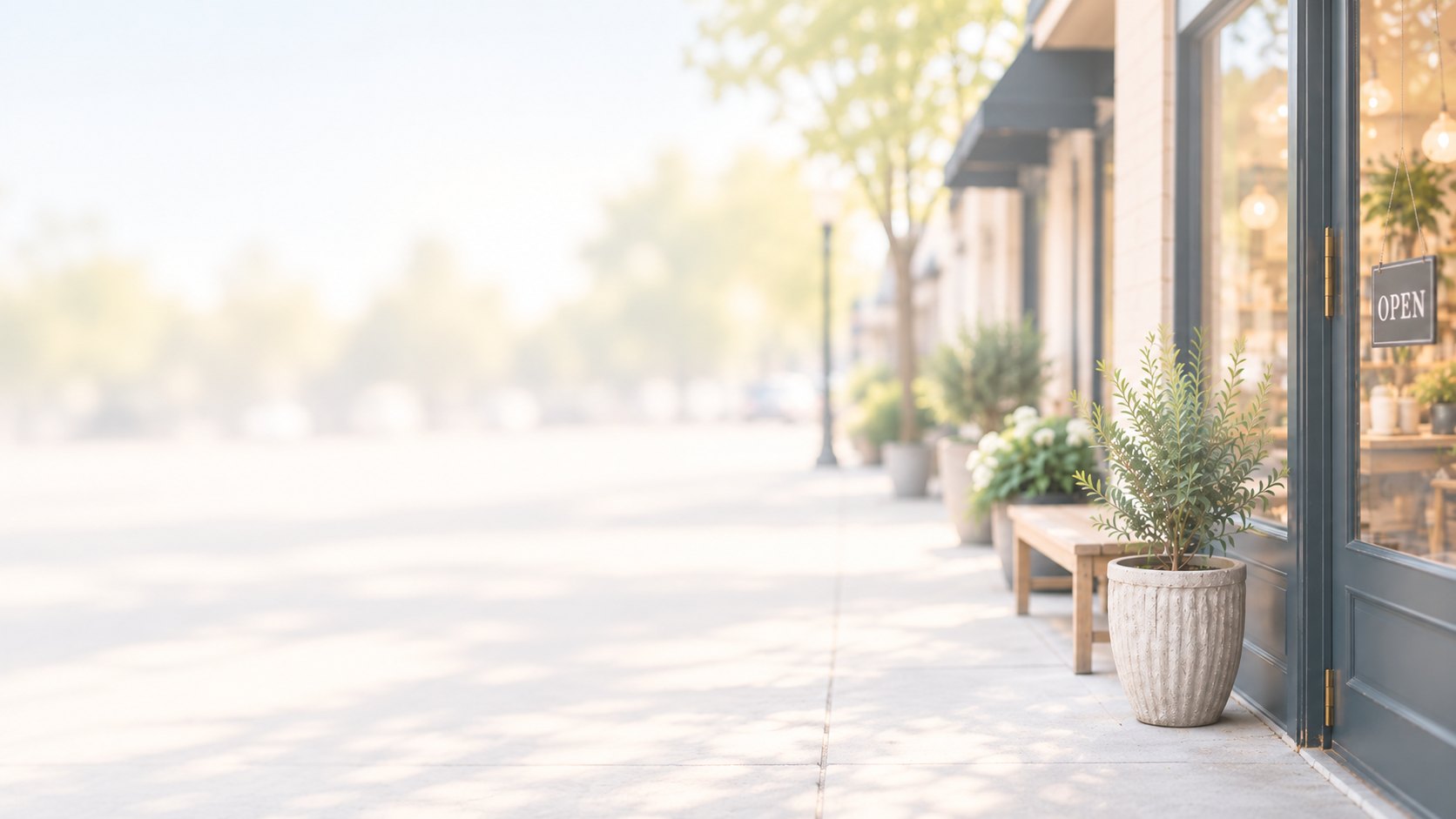 Sunlit small-business storefront with an open sign and a potted plant on the sidewalk